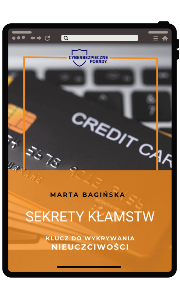 Mockup ebooka - Sekrety kłamstw. Na okładce ebooka widać fragment klawiatury laptopa i kartę kredytową.